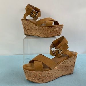 Marc Fisher tan suede cork bottom platform sandals